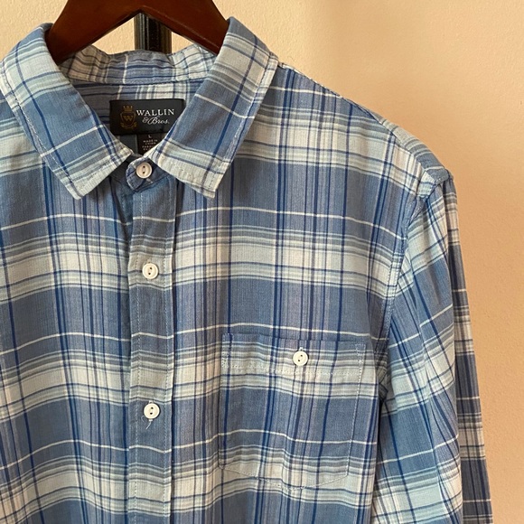 Blue White Plaid Wallin & Bros Button-Down Shirt L - Picture 4 of 11